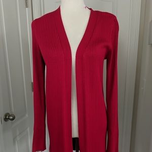 Kim Rogers sweater , Small, open front, red cardigan mid thigh length